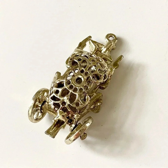Vintage Asian Rickshaw Wheel Cart Man Gold Tone Rhinestone Pendant for Necklace - Picture 5 of 6